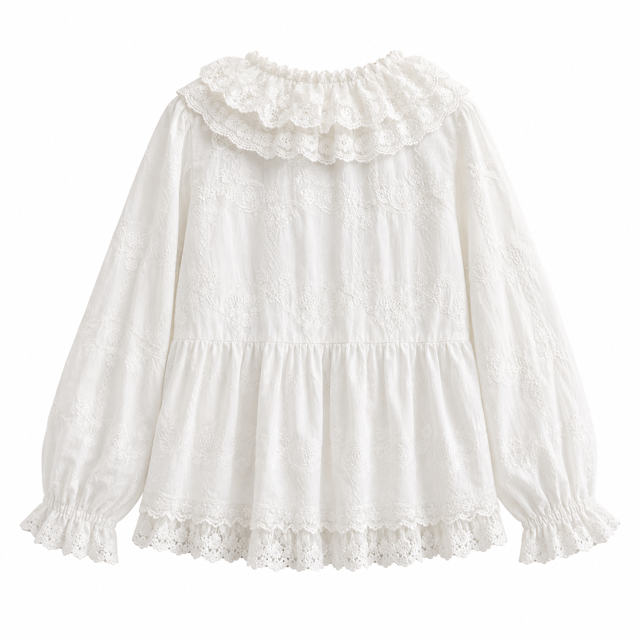 Mori Girl Cream Lace Ruffle Embroidery Blouse