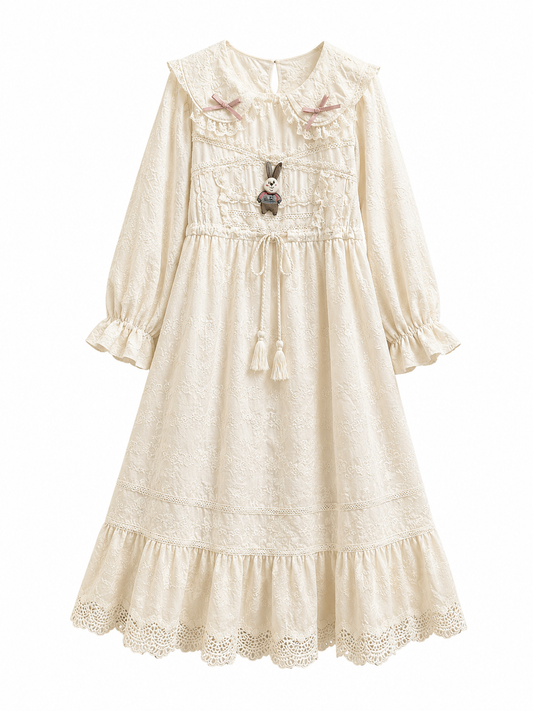 Mori Kei Embroidered Ruffle Dress