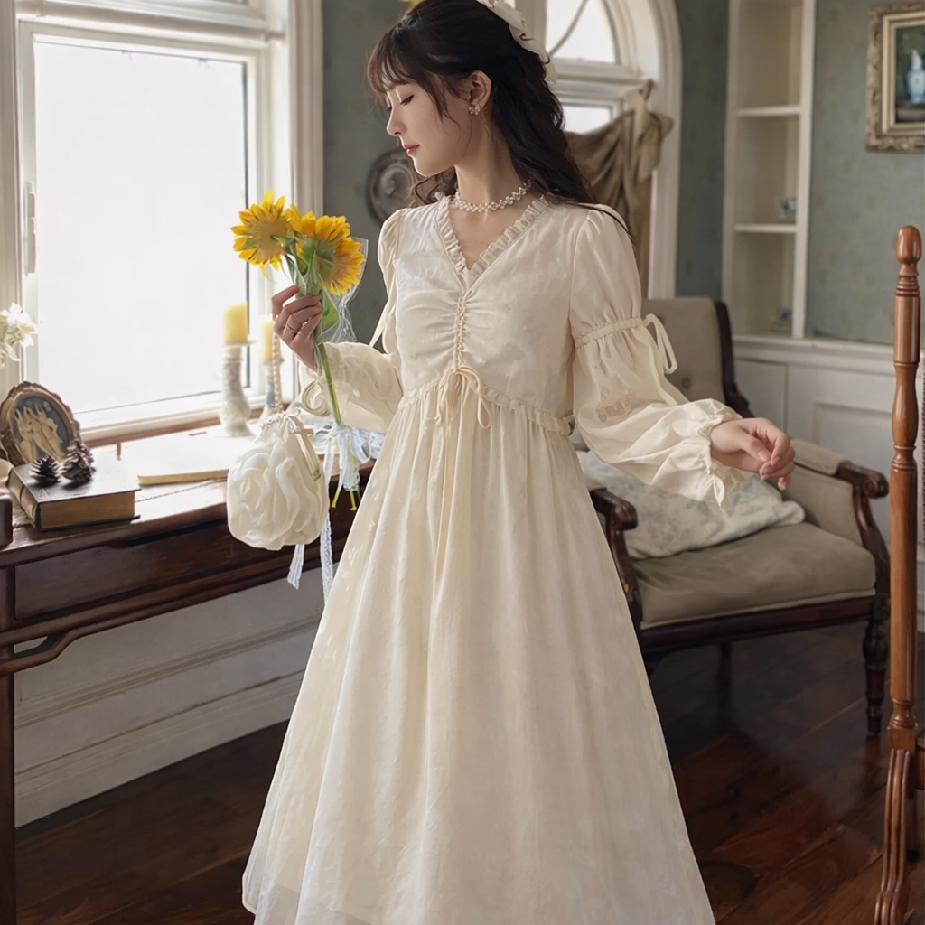 Fairycore Ivory Ruched Ribbon Maxi Dress
