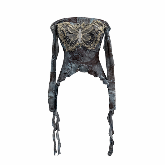 Fairy Grunge Ashen Butterfly Ruffle Mesh Top