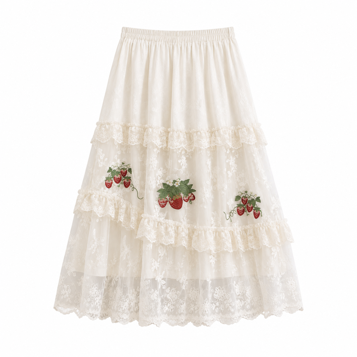 White Cottagecore Strawberry Lace Skirt
