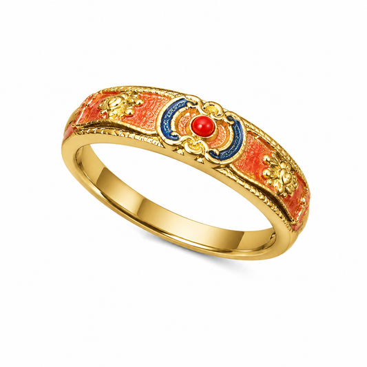 Vintage Aesthetic Coral Enamel & Gold Scroll Ring