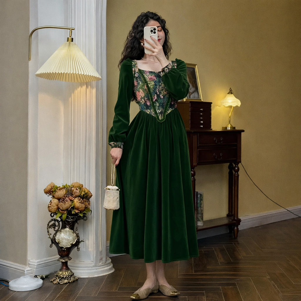 Dark Cottagecore Midnight Garden Velvet Dress