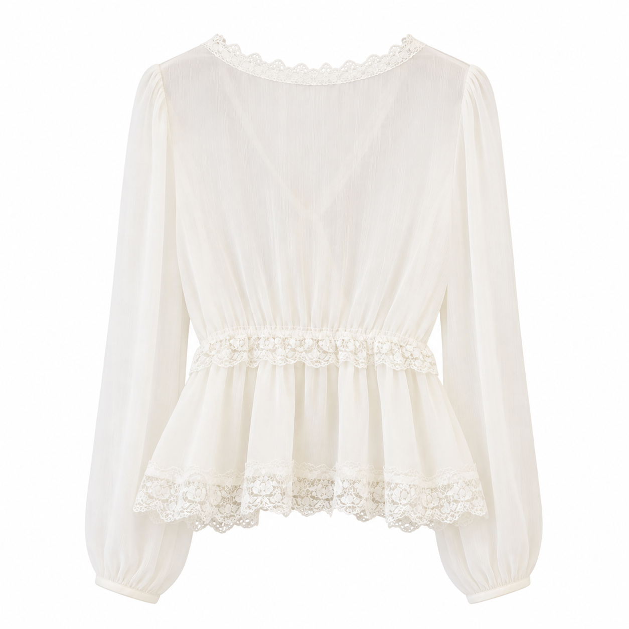 Ethereal Lace-Trimmed Tie-Front Blouse