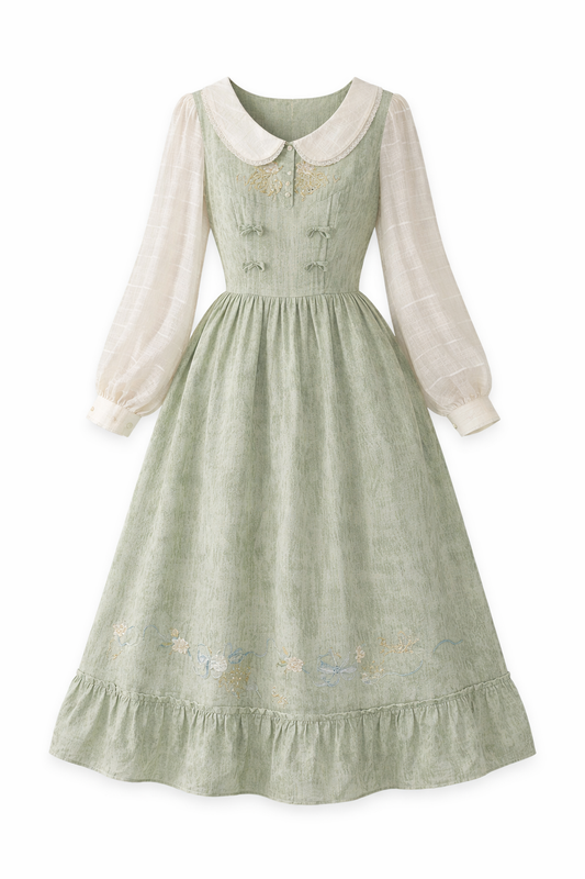Dress Cottagecore Peter Pan Collar Embroidered