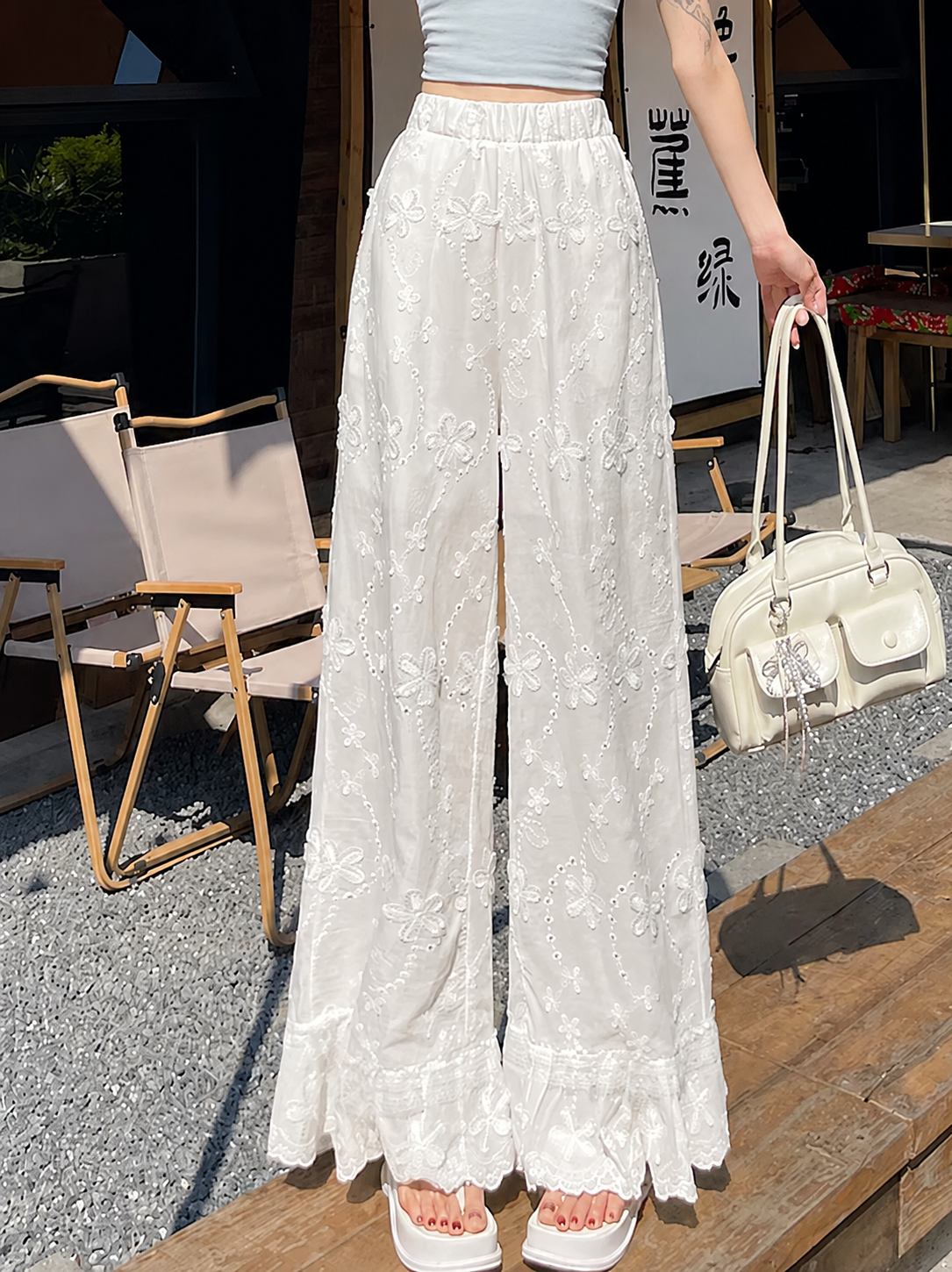 White Embroidered Cottagecore Wide Leg Pants