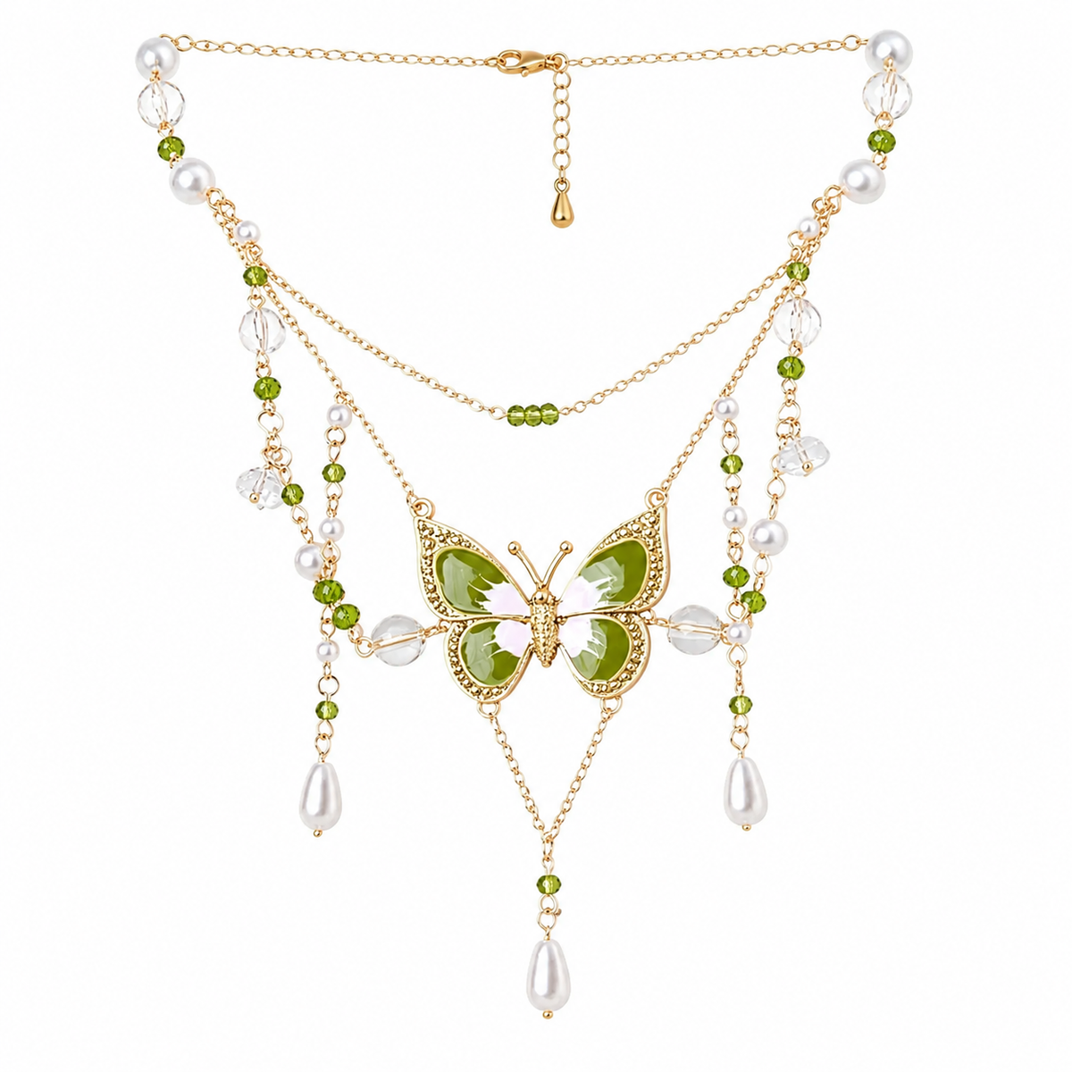 Fairycore Moss Butterfly Pearl Cascade Necklace