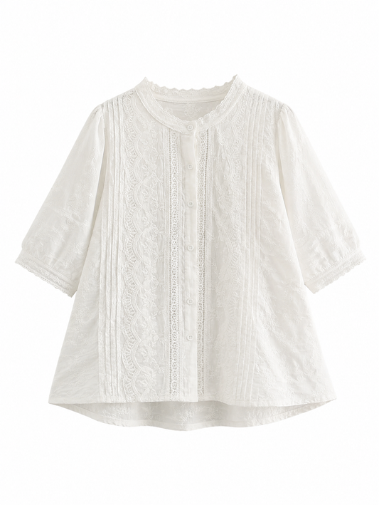 Mori Girl Pintuck Lace Embroidery Blouse