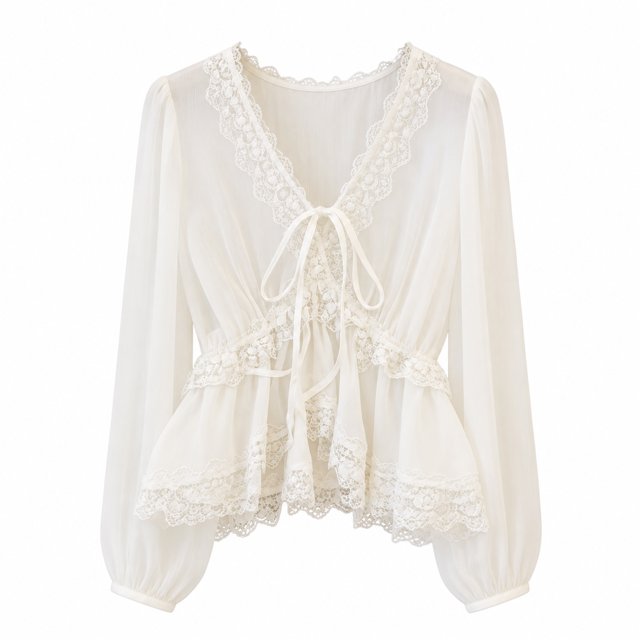 Ethereal Lace-Trimmed Tie-Front Blouse