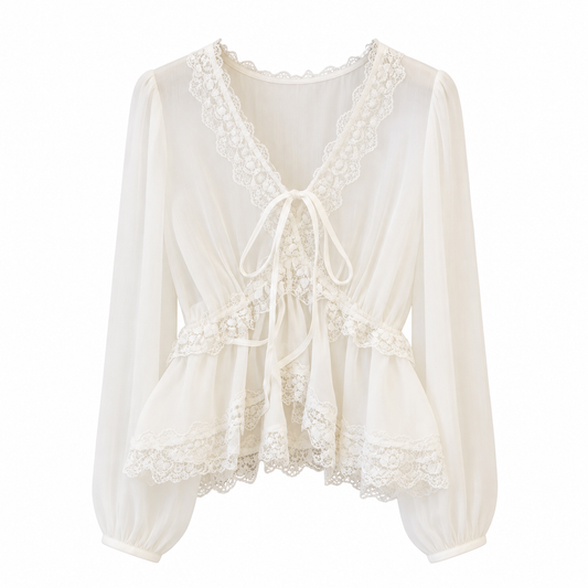 Ethereal Lace-Trimmed Tie-Front Blouse