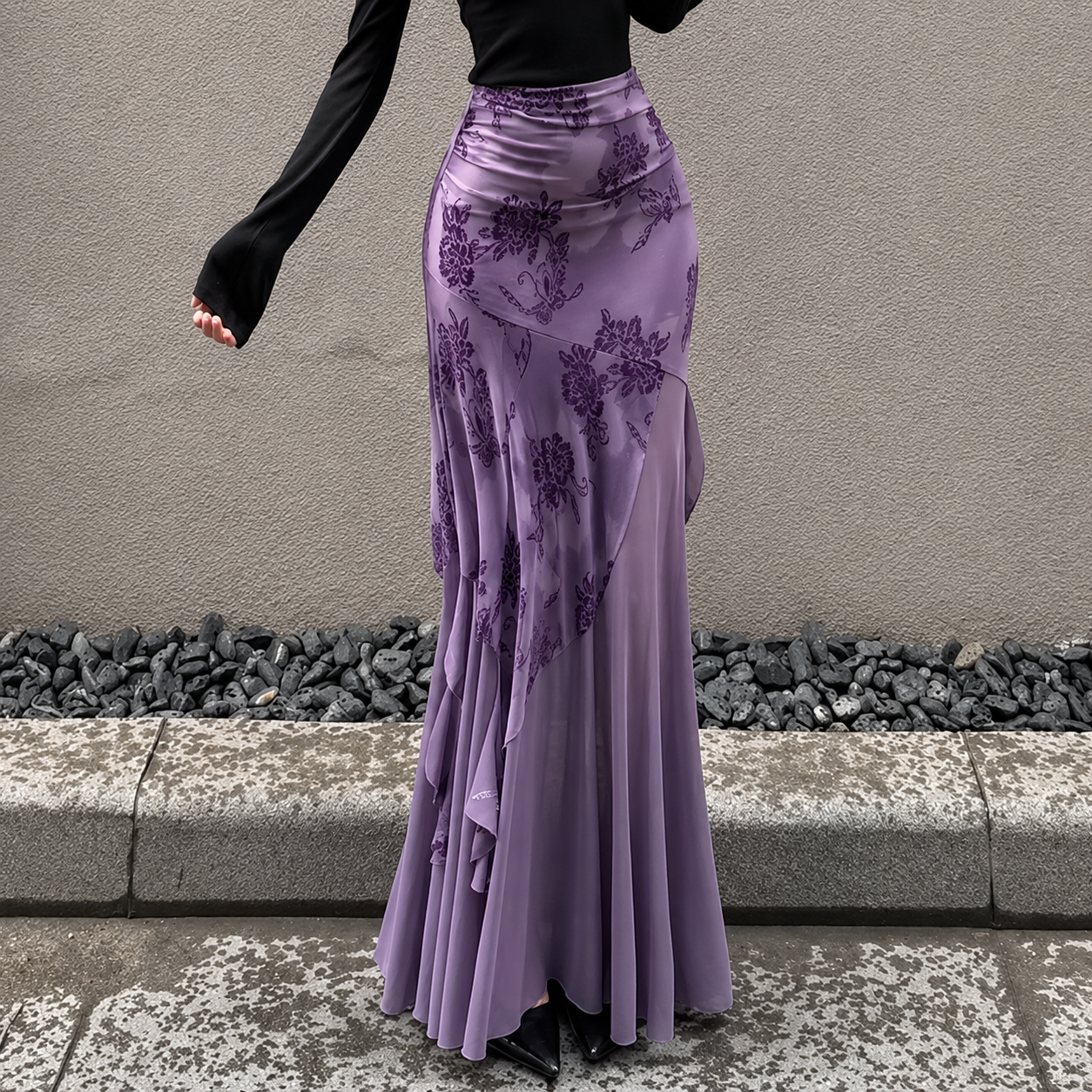Fairycore Violet Bloom Asymmetric Midi Skirt