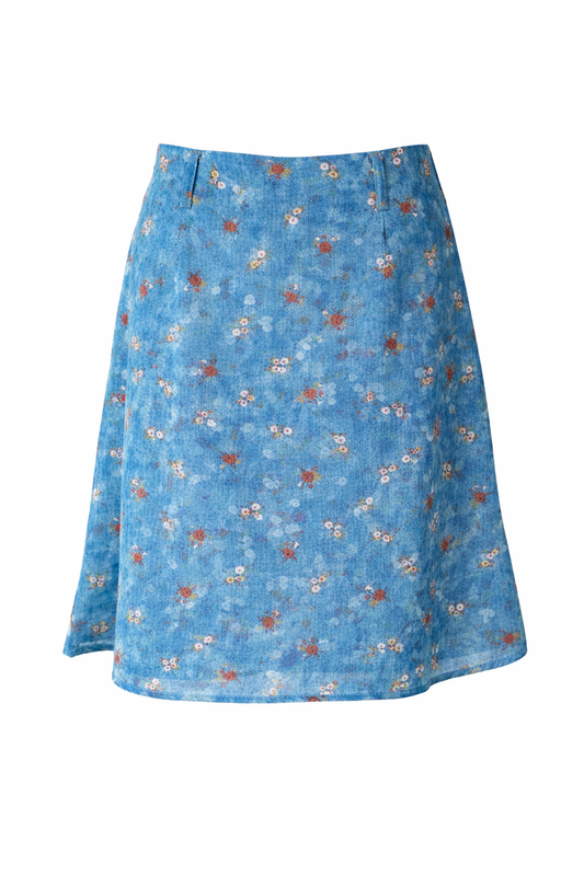 Mori Girl Ditsy Floral Washed Denim-Print Midi Skirt