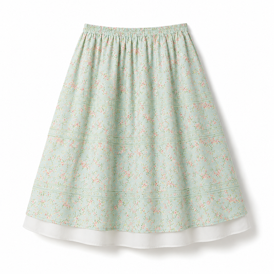 Cottagecore Mint Blossom Gathered Midi Skirt