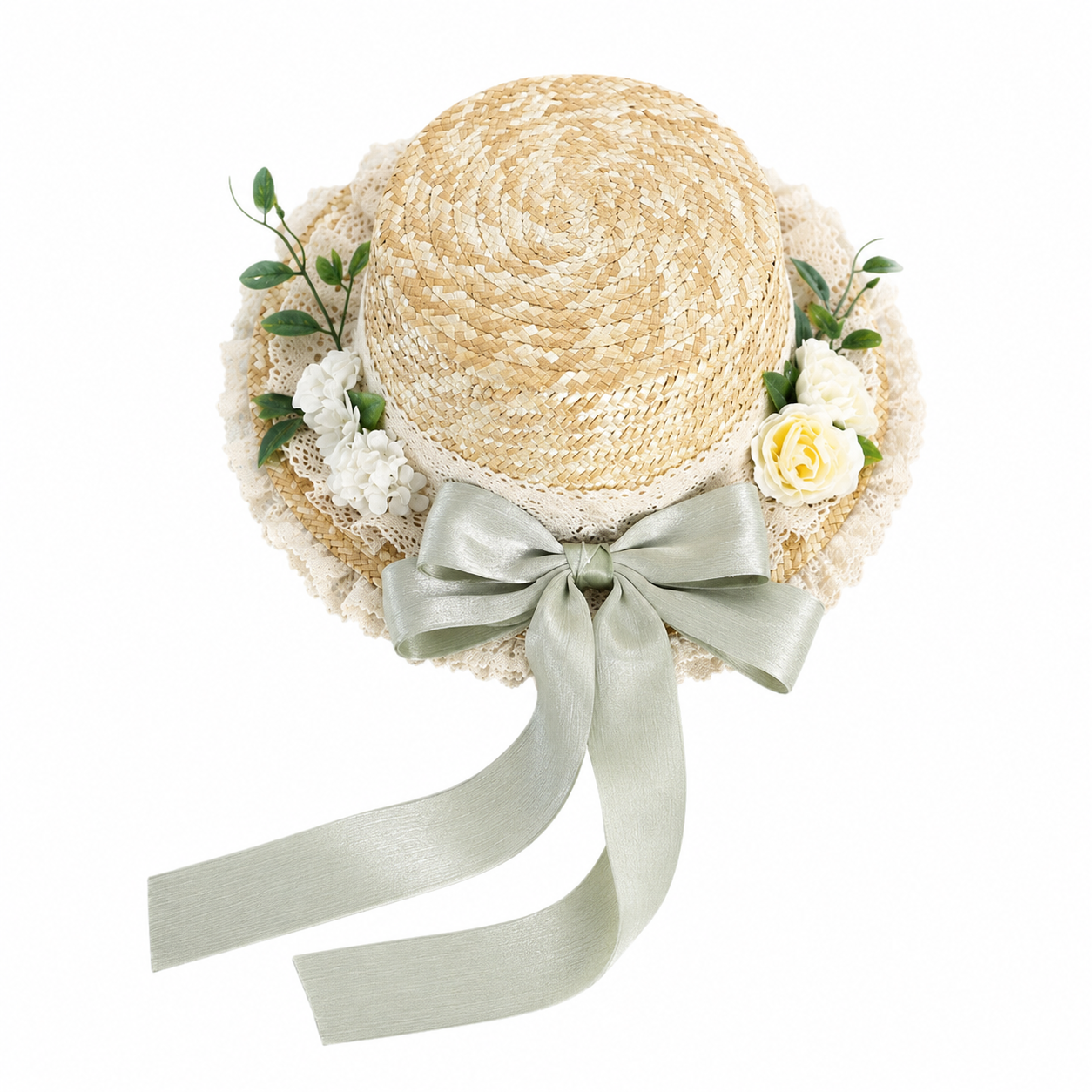 Cottagecore Floral Lace Straw Hat with Ribbon Bow