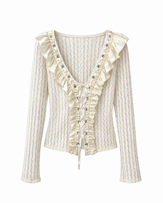 Fairycore Ivory Lace-Up Ruffle Knit Top