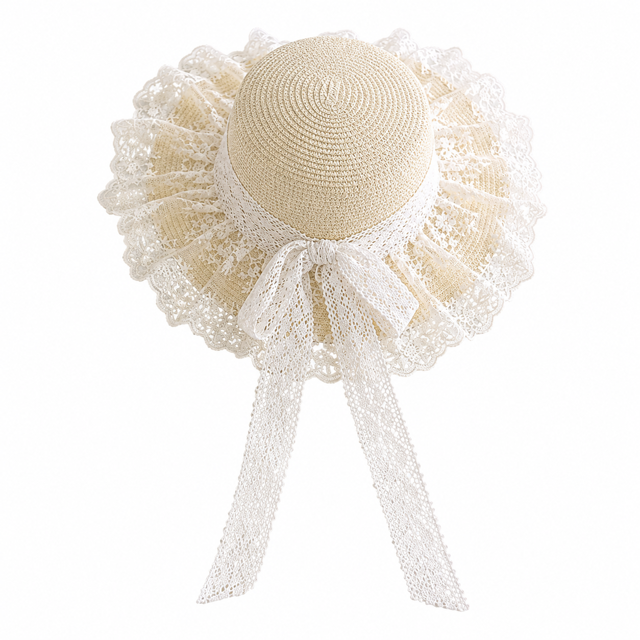 Cottagecore Lace Ruffle Straw Hat with Trailing Bow