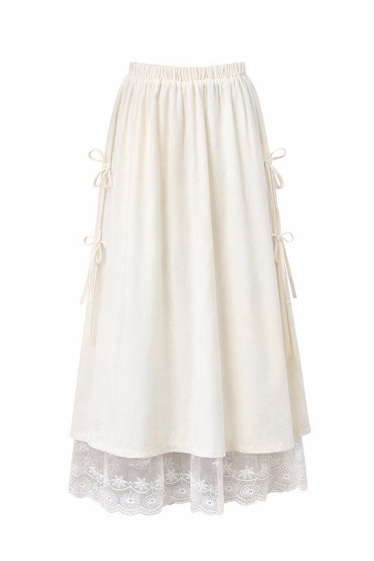 Fairycore Ivory Ribbon-Tied Lace Hem Maxi Skirt