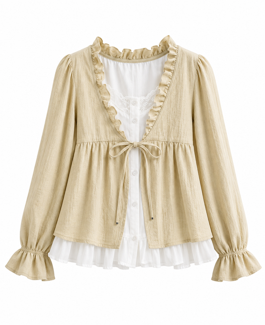 Mori Girl Layered Ruffle Tie-Front Shirt