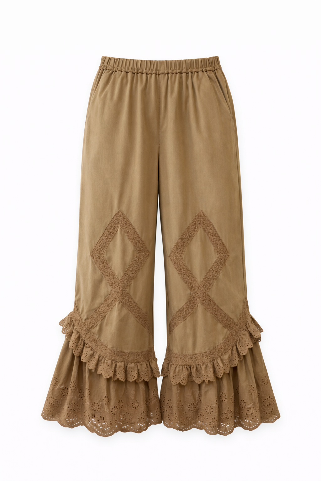 Mori Girl Eyelet Ruffle Flare Trousers in Antique Cream