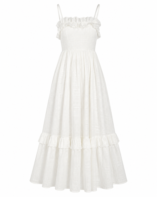 White Cottagecore Ruffle Maxi Dress