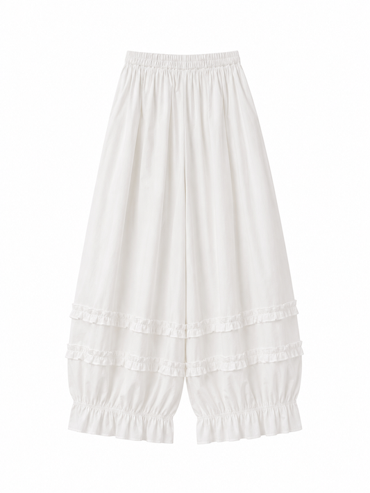 White Mori Kei Ruffle Wide Leg Pants
