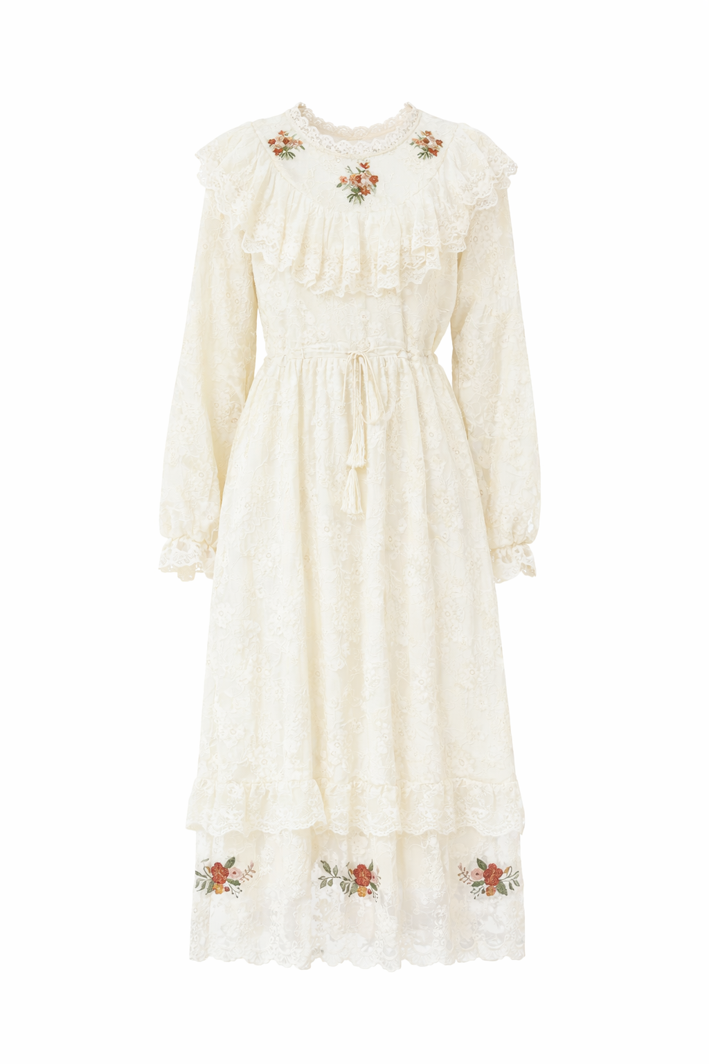 Mori Girl Pressed Flower Lace Midi Dress