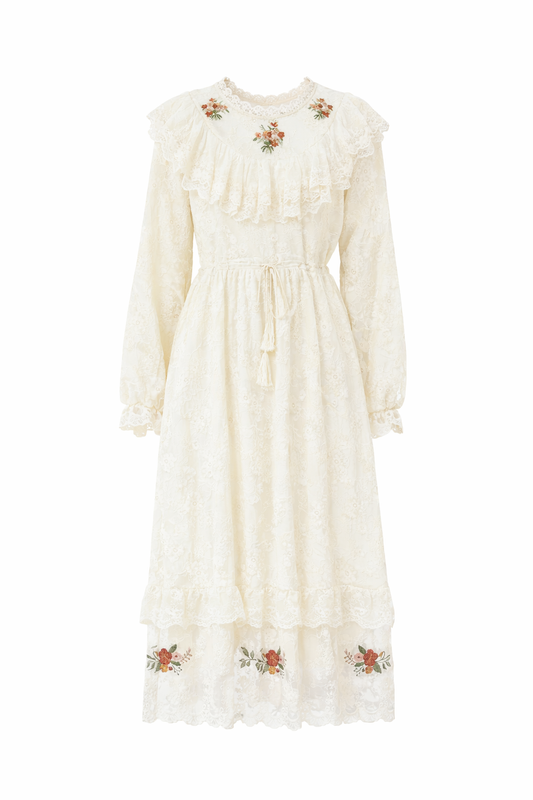 Mori Girl Pressed Flower Lace Midi Dress