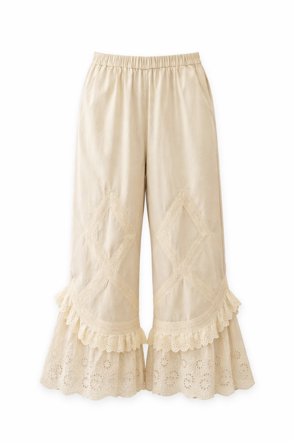 Mori Girl Eyelet Ruffle Flare Trousers in Antique Cream