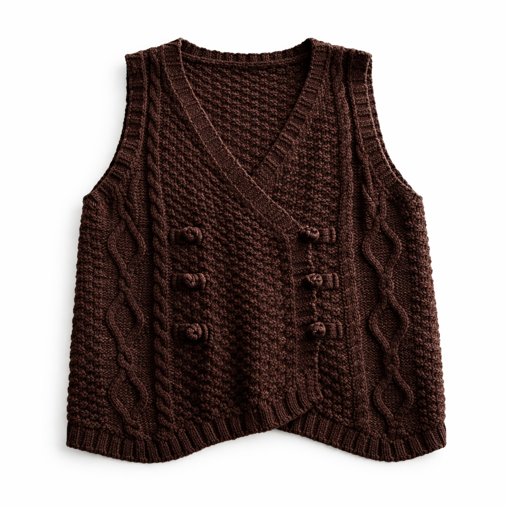 Goblincore Moss Cable Knit Double-Breasted Sweater Vest
