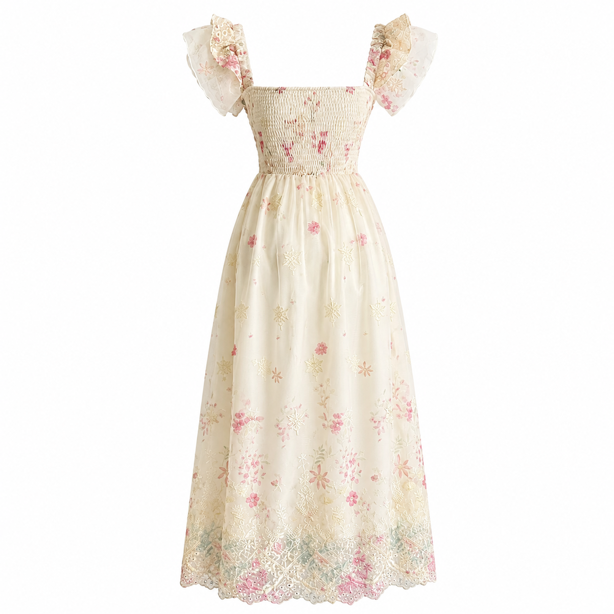 Fairycore Cream Floral Embroidered Ruffle Maxi Dress