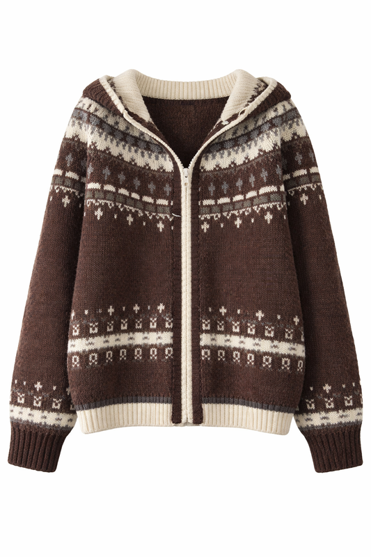 Mori Girl Nordic Fair Isle Zip Hoodie Knit