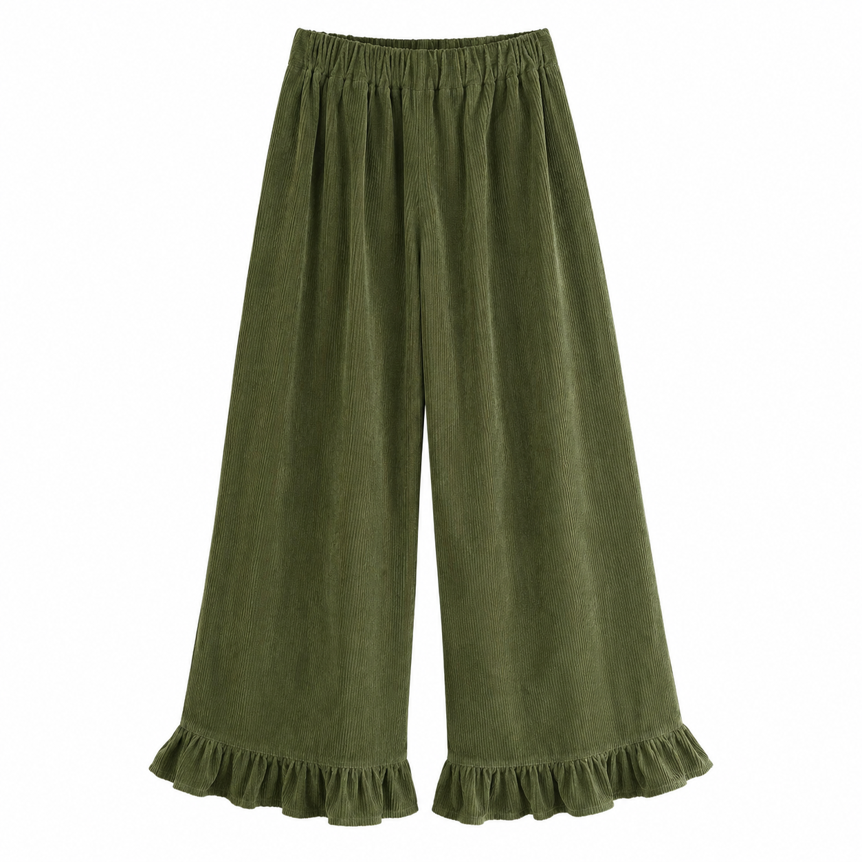 Mori Girl Moss Ruffle-Hem Corduroy Wide Leg Pants