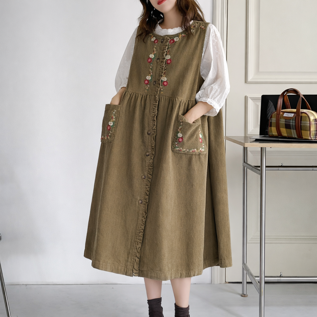 Mori Girl Wildflower Embroidered Linen Dress
