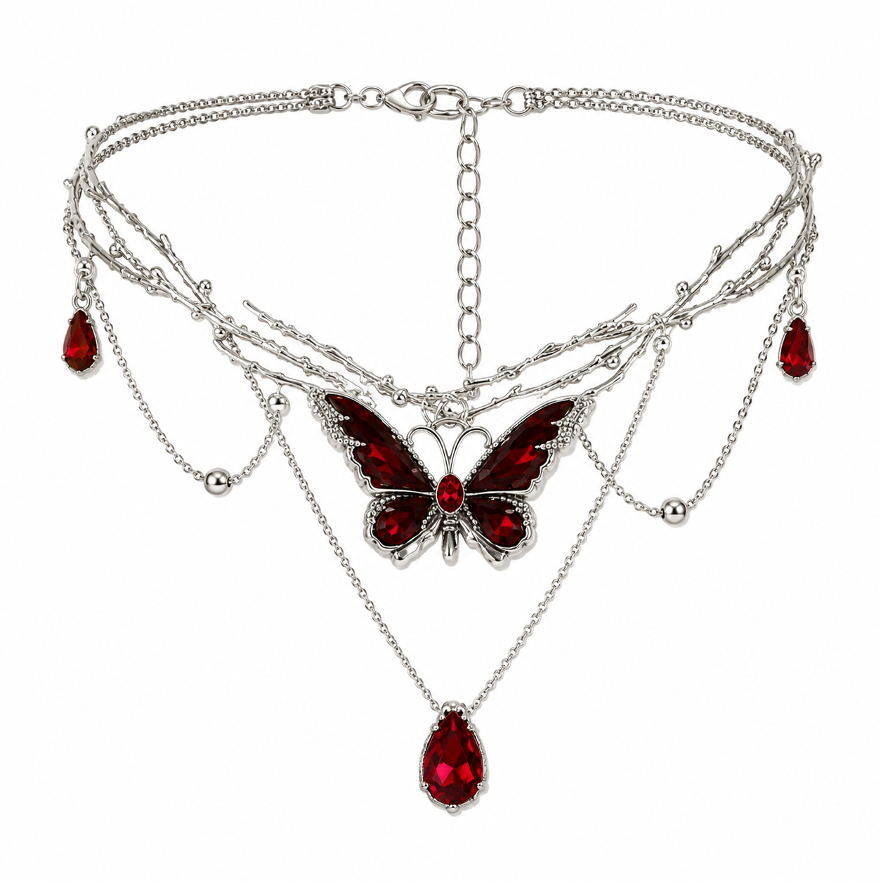 Whimsigoth Crimson Butterfly Layered Choker Necklace