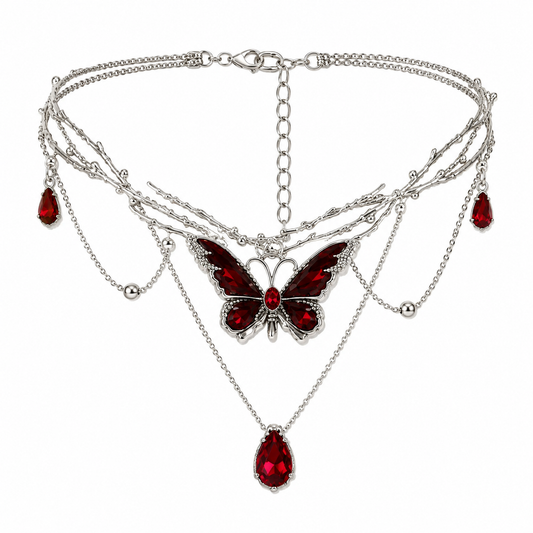 Whimsigoth Crimson Butterfly Layered Choker Necklace