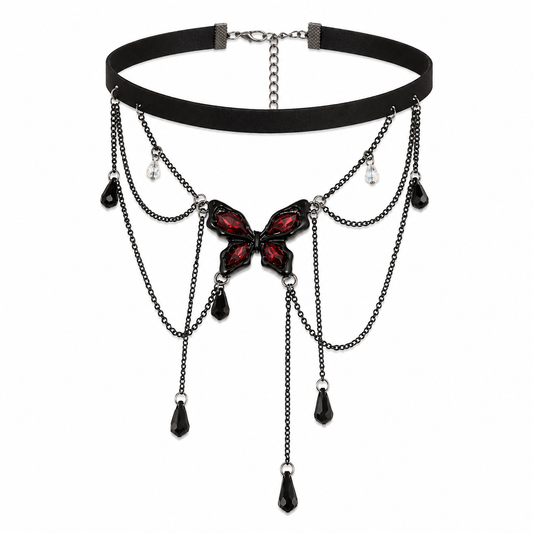 Whimsigoth Crimson Butterfly Draped Chain Choker Necklace