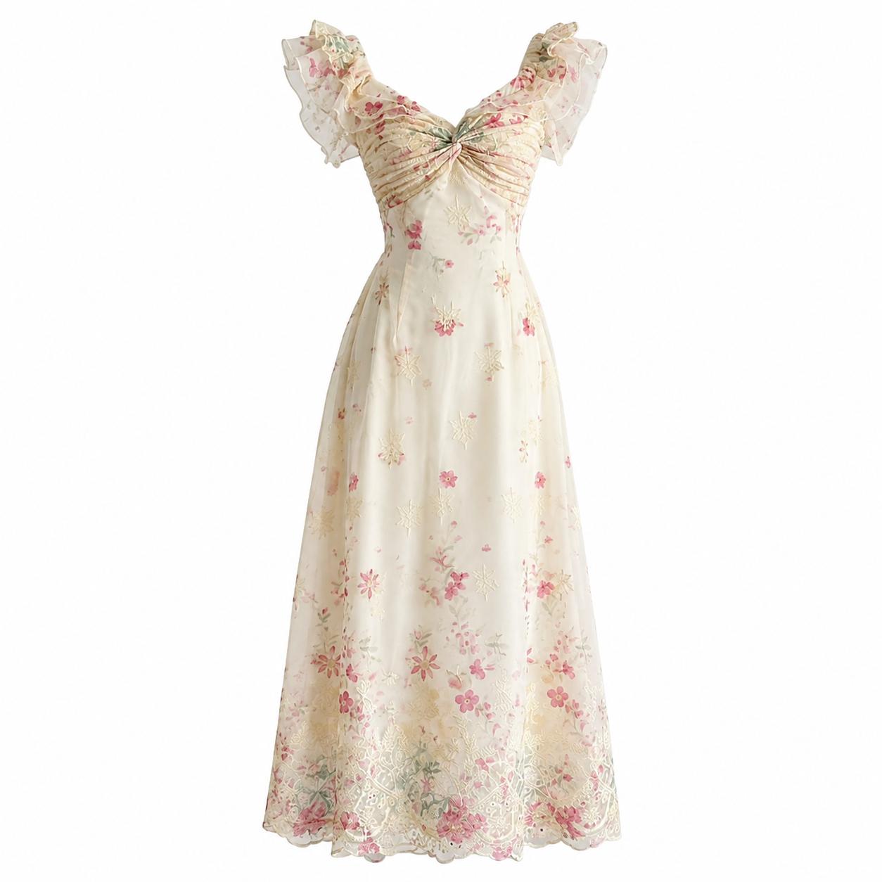 Fairycore Cream Floral Embroidered Ruffle Maxi Dress