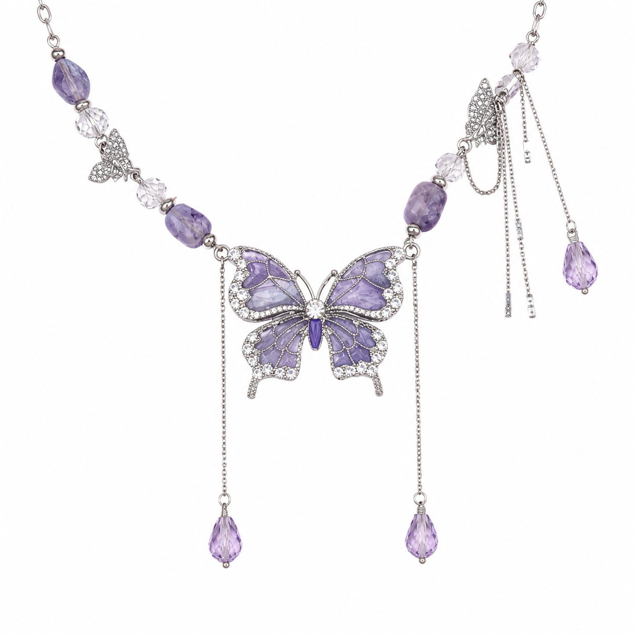 Fairycore Violet Butterfly Crystal Tassel Necklace