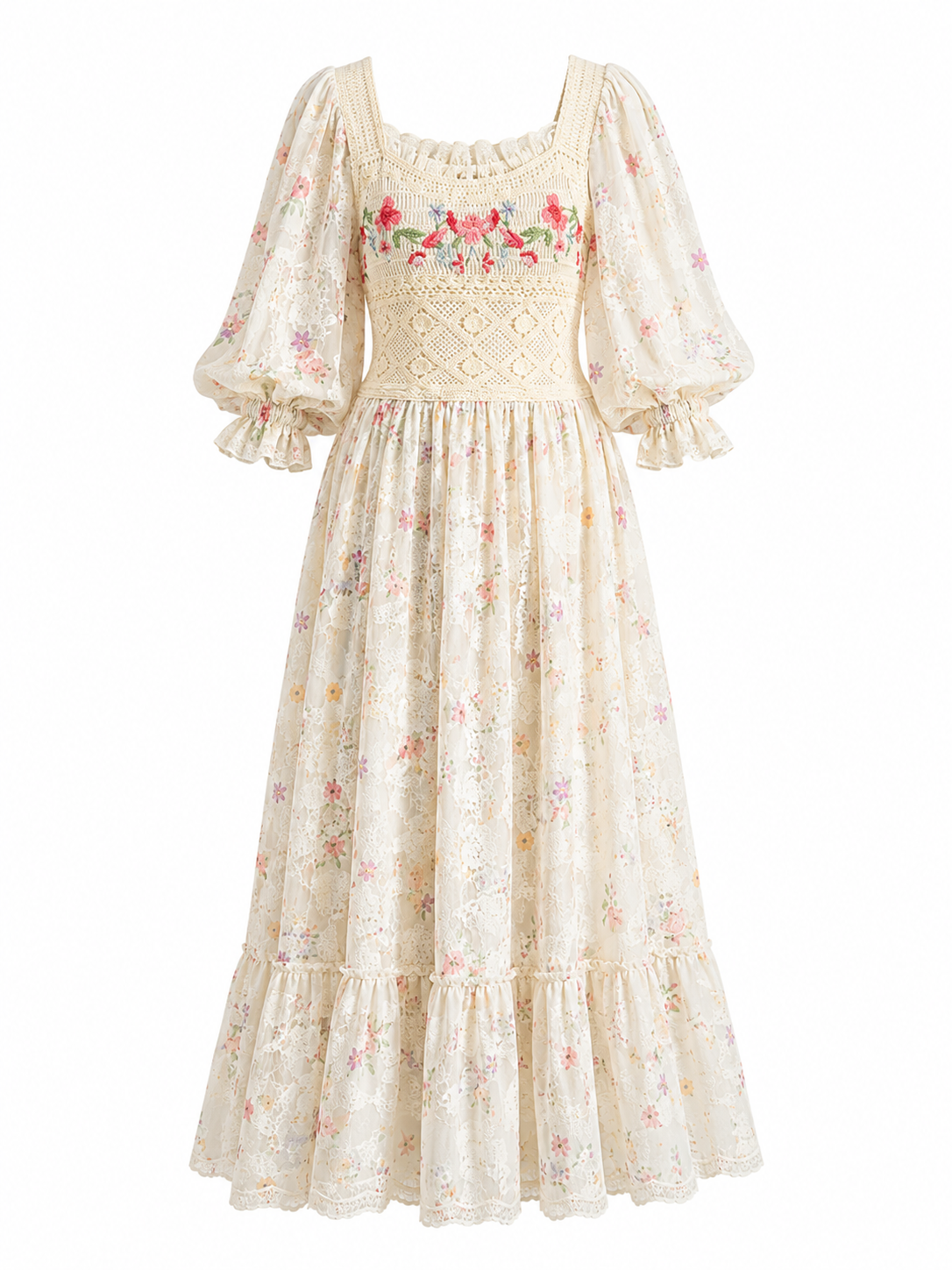 Prairie Embroidered Floral Lace Midi Dress