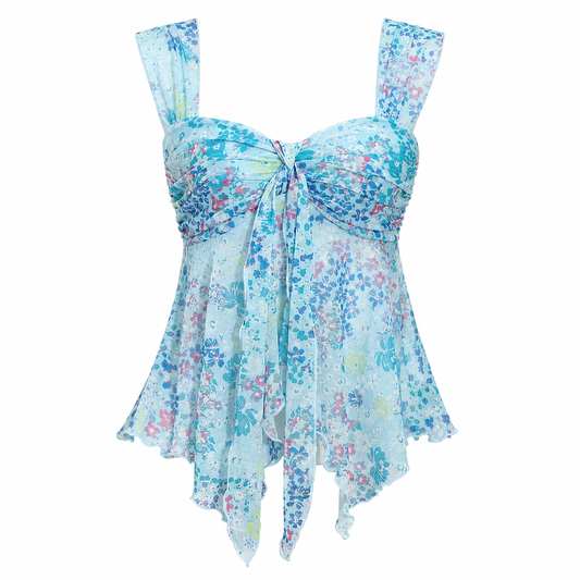 Fairycore Aqua Blossom Ruched Tie-Front Top