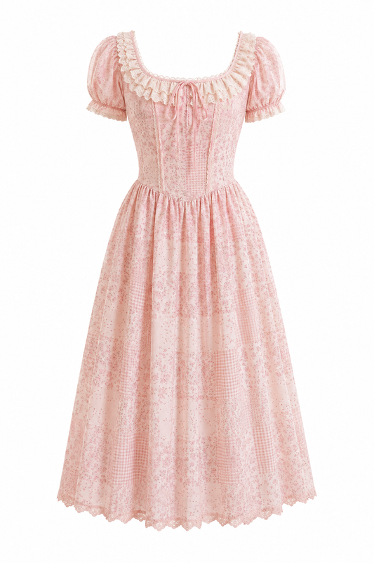 Fairycore Blush Gingham & Ditsy Floral Corset Dress