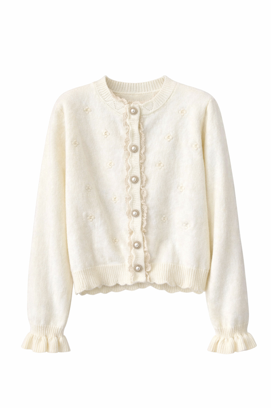 Fairycore Ivory Pearl Daisy Knit Cardigan