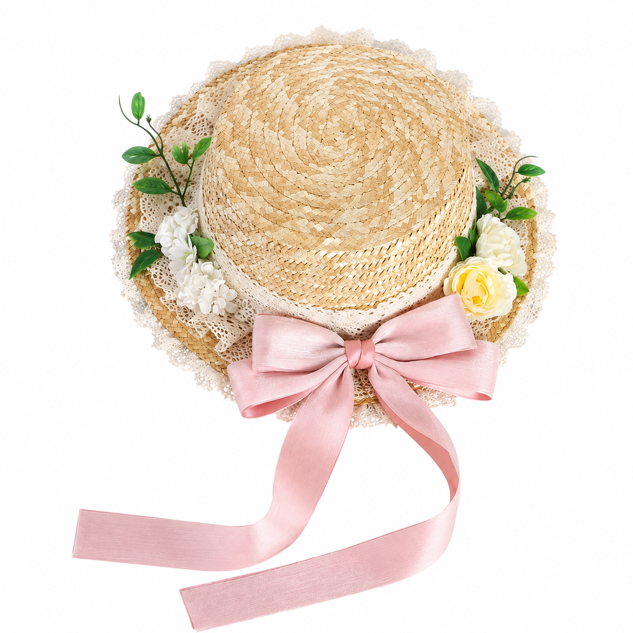 Cottagecore Floral Lace Straw Hat with Ribbon Bow