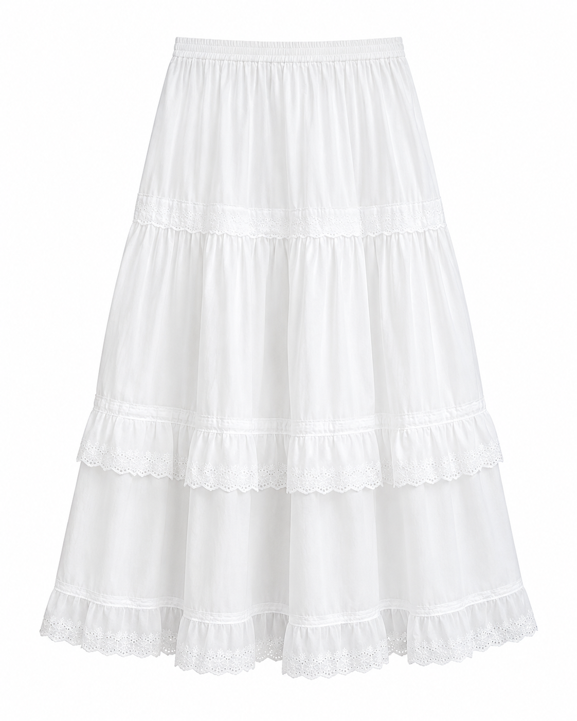 Prairie Eyelet Lace Tiered Maxi Skirt in White