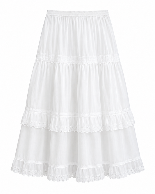 Prairie Eyelet Lace Tiered Maxi Skirt in White