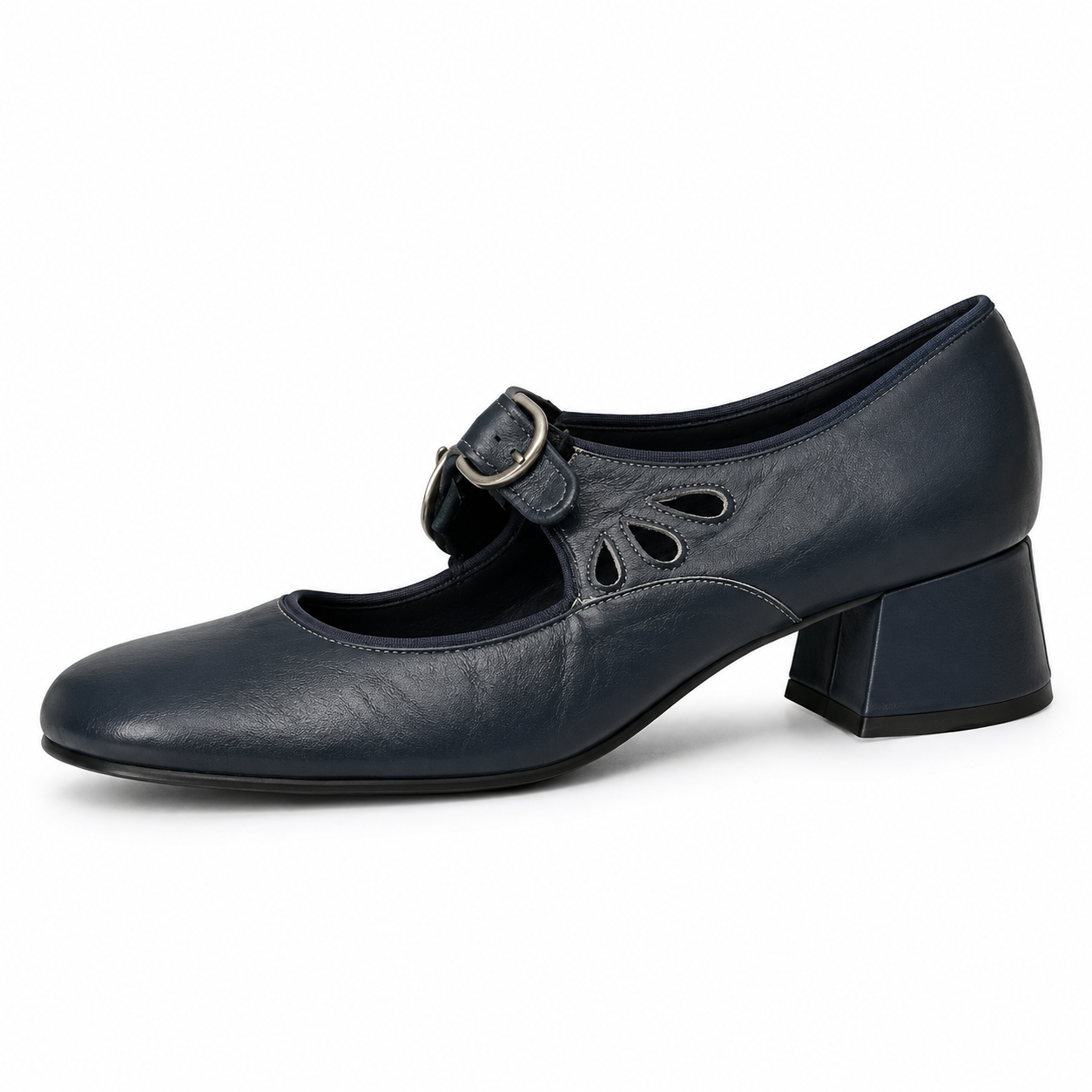 Vintage Aesthetic Navy Cutwork Mary Jane Heel Shoe