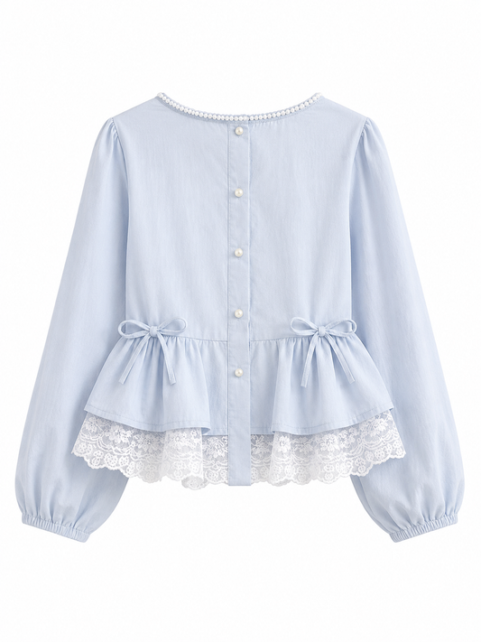 Fairycore Pearl Trim Lace Peplum Blouse