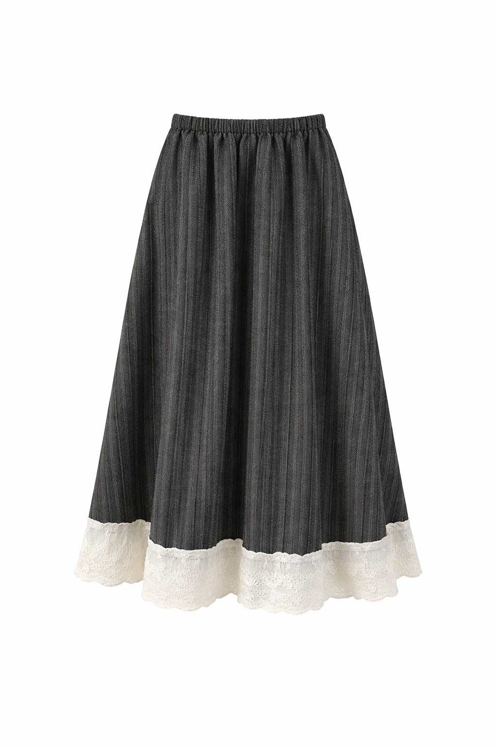 Dark Cottagecore Charcoal Stripe & Cream Lace Midi Skirt