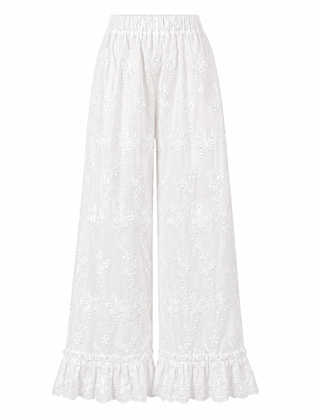White Embroidered Cottagecore Wide Leg Pants