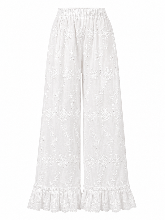 White Embroidered Cottagecore Wide Leg Pants